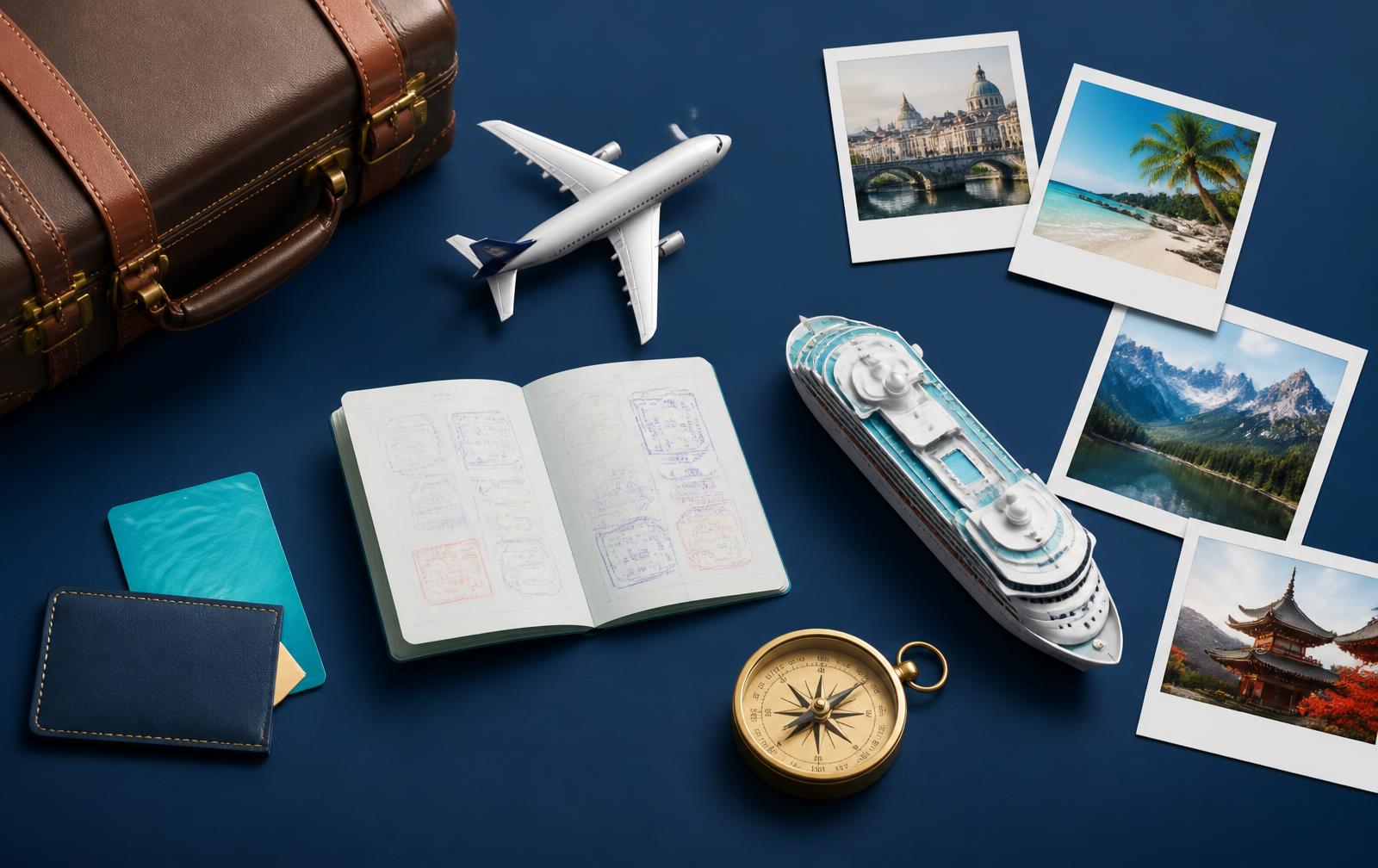 Composición de viaje con avión, maleta, pasaporte, crucero, brújula y fotos de destinos